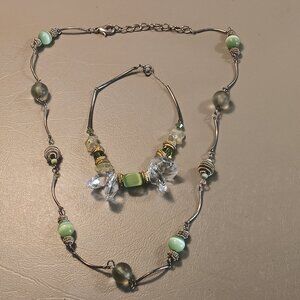 Sterling Silver Artisan Bracelet & Station Necklace Mint Green Tones Lot of 2